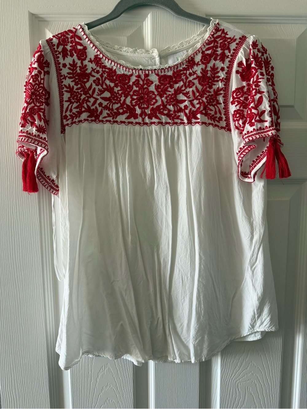 Boho White Peasant Tunic with Red Embroidered Yoke
